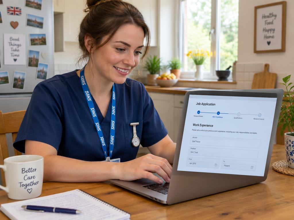 Nurse filling in an NHS job application on a laptop