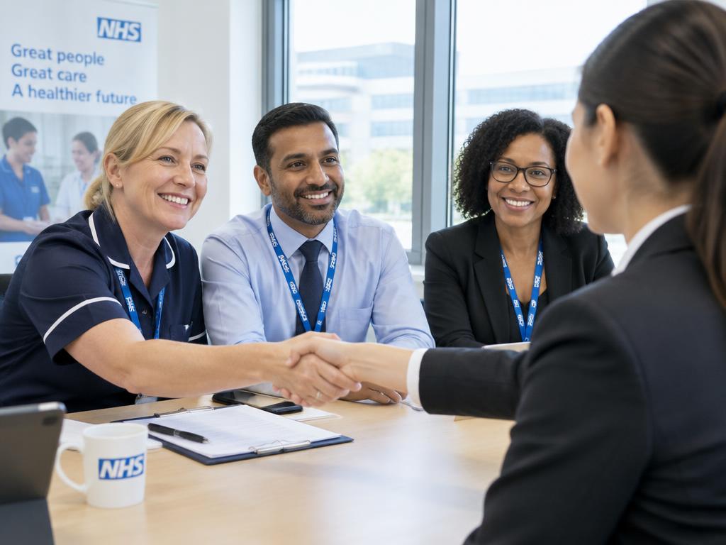 Candidate shaking hands with an NHS interview panel